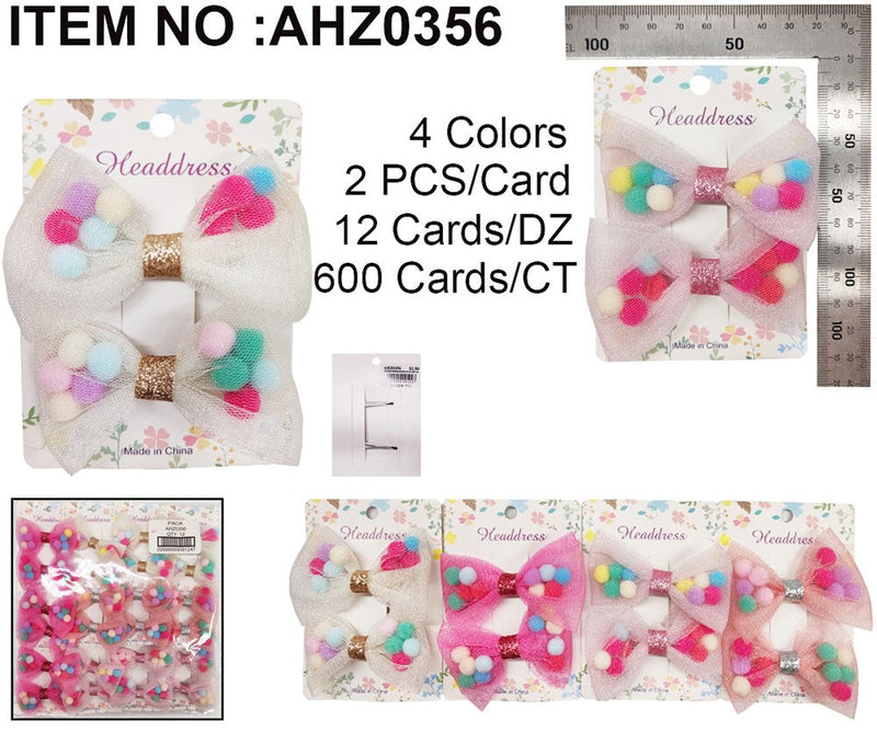 2PCS MESH POMPOMS HAIR BOW CLIP 4CLR ASST 7CM