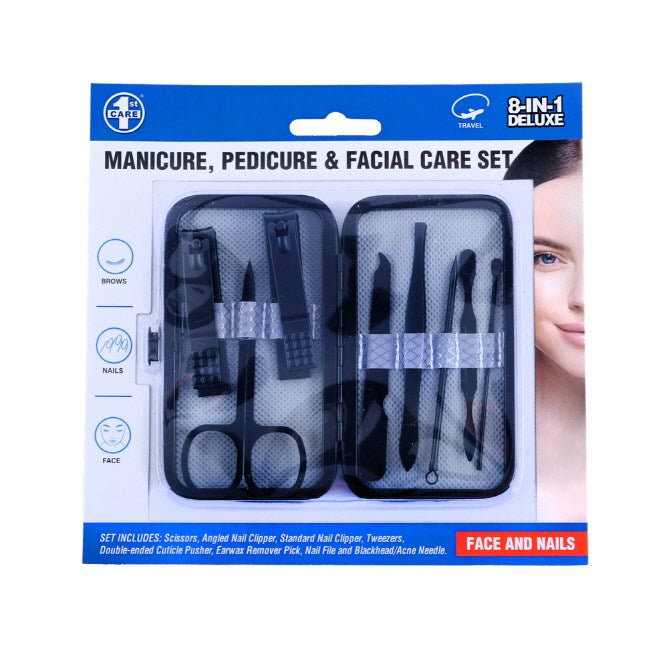 [SAS] 277490 Deluxe Grooming Manicure Set - 8 in 1 with Carry Case  - Includes: Scissors, Angled Nail Clipper, Nail Clipper, Tweezers, Double-ended Cuticle Pusher, Earwax Remover, Nail File, Blackhead/Acne Needle
