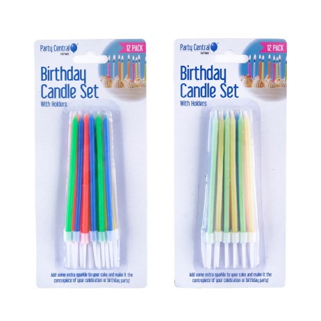[SAS] 279616 Candles in Holders Birthday Set - Tall 11cm - 12pk - Assorted Colour Packs