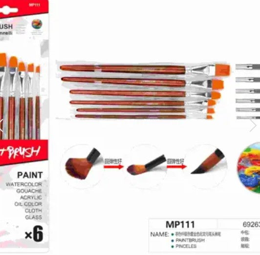[MOT] MP111 6PCS 2/4 ANGLED 6/8ROUND #10/12 FLAT TIP BRUSH