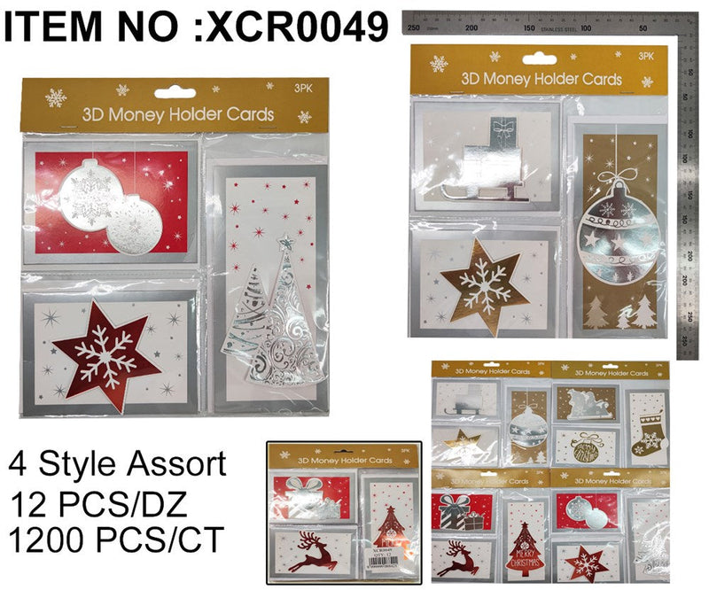 XMAS 3D MONEY HOLDER CARDS 3PCS 4CLR ASST